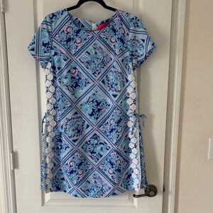 Blue Floral Shift Dress with White Lace Side Panels